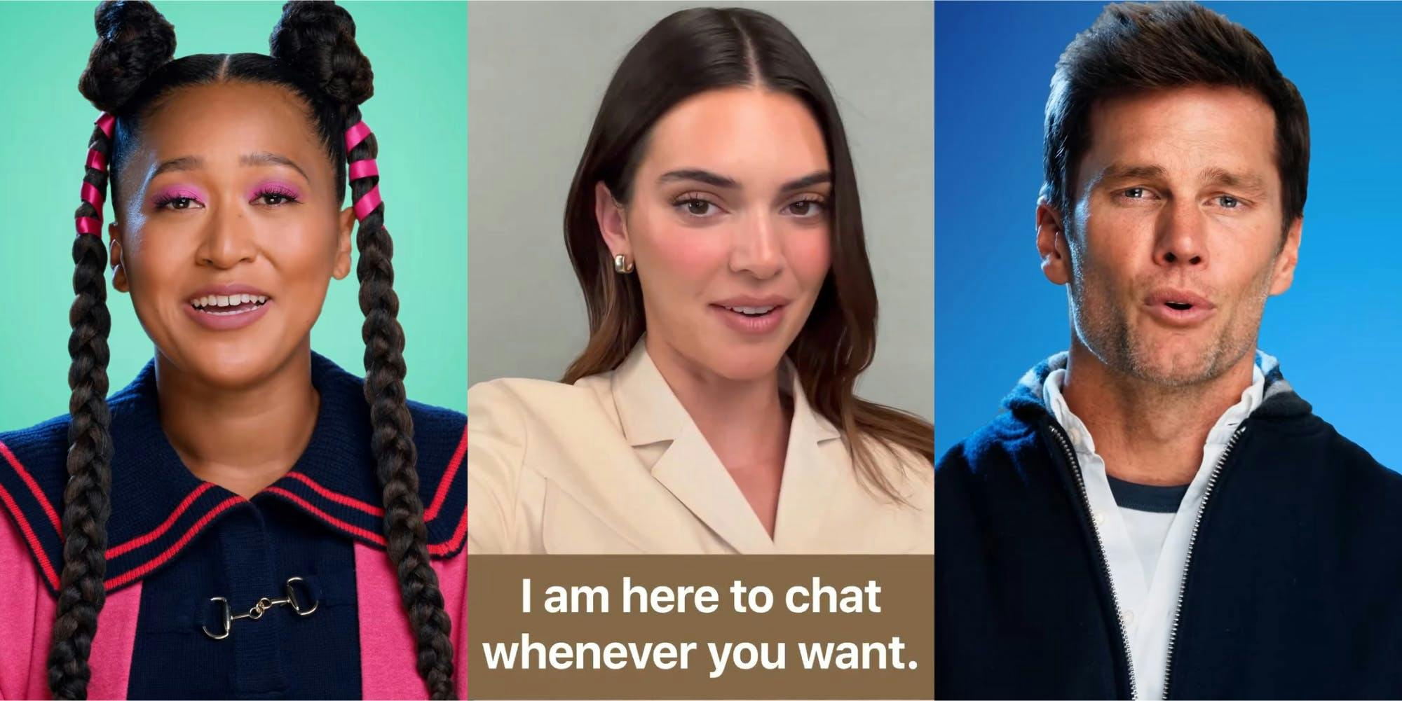 AI celebrity Naomi Osaka speaking in front of green background (l) AI celebrity Kendall Jenner speaking in front of tan background with caption "I am here to chat whenever you want" (c) AI celebrity Tom Brady speaking in front of blue background (r)