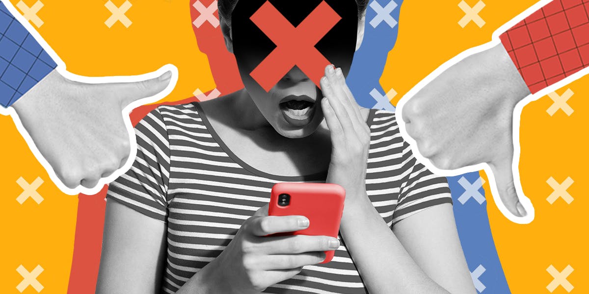 cancel culture pros and cons - a shocked woman with a red "X" covering her face looks at her phone while flanked by two hands giving a "thumbs up" and "thumbs down."