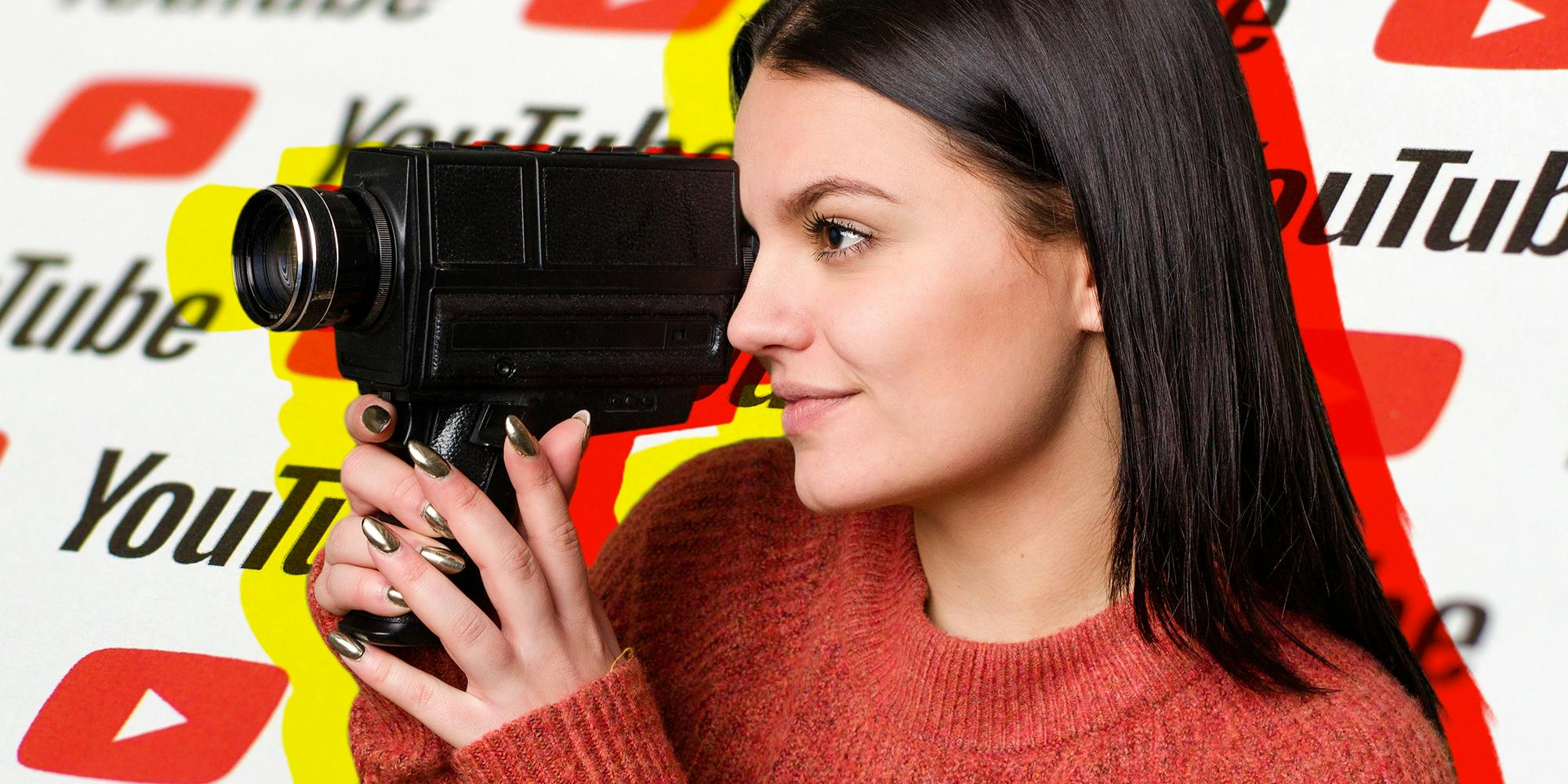 young woman with camera over YouTube logo background