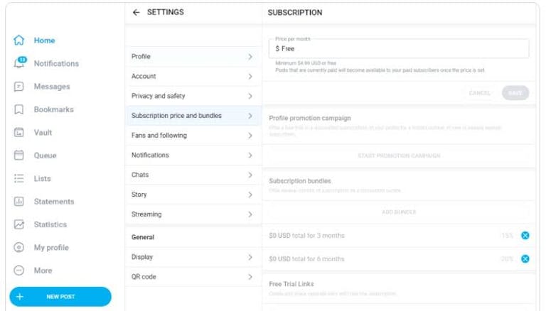 OnlyFans subscription page outlining price for subscribers 