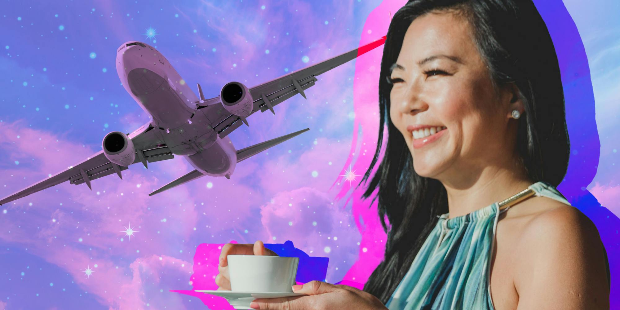 Influencer drinking coffee in front of airplane