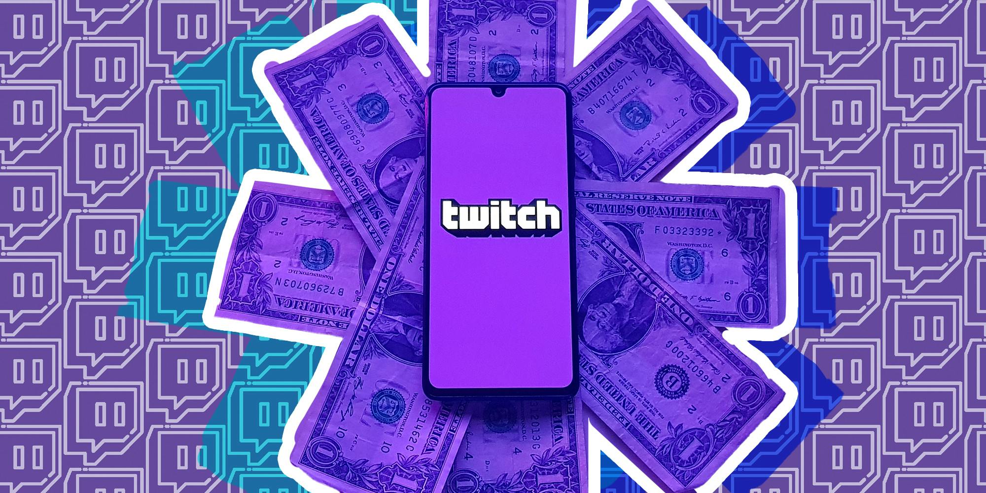 Twitch app on phone surrounded by money and twitch logo in the backgroung