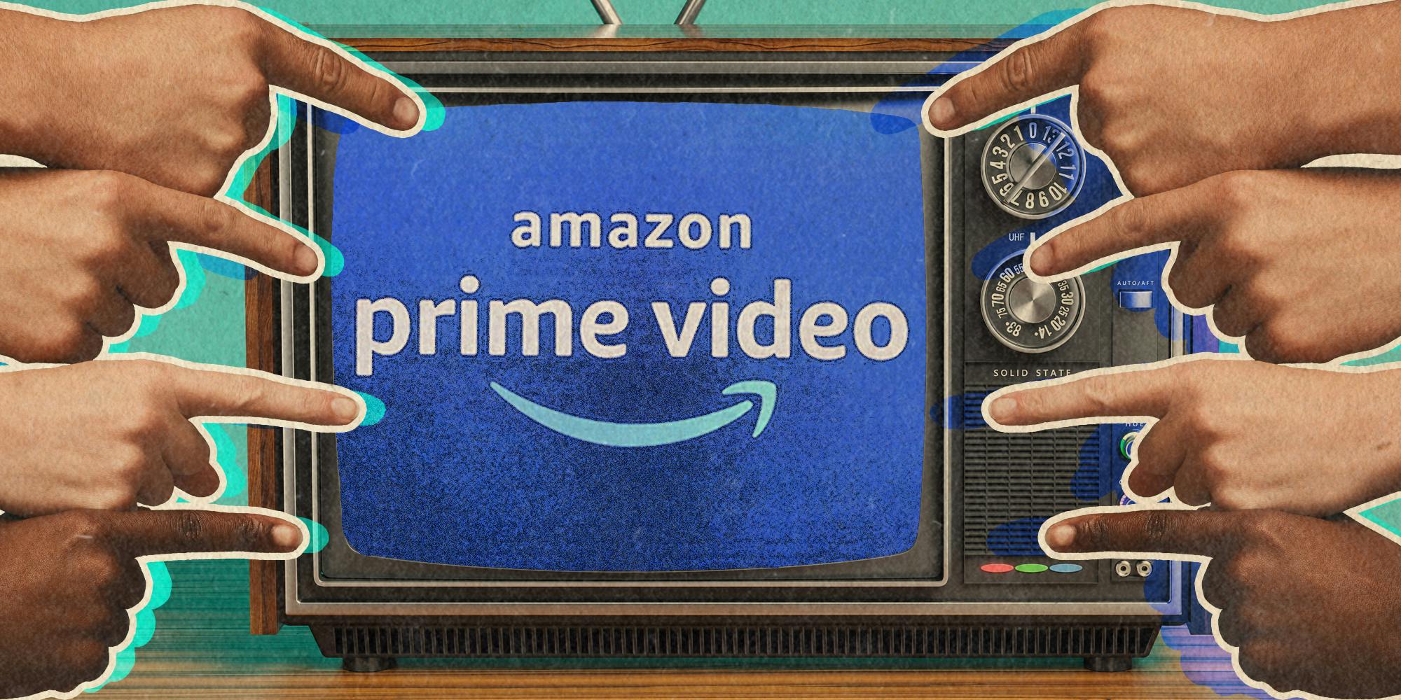 Hands pointing at tv with amazon prime on the screen