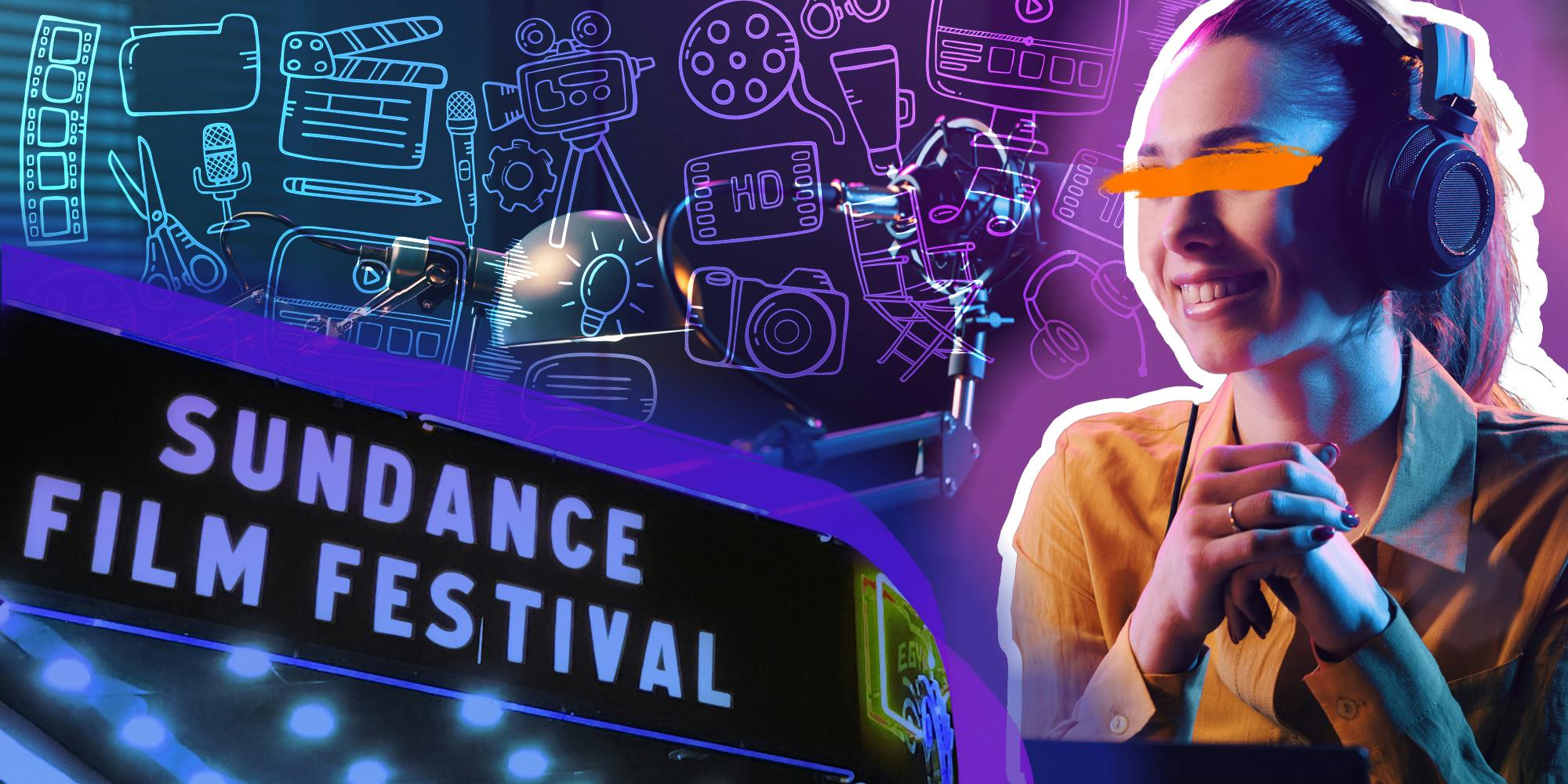 Sundance film festival sign over influencer with headphones and graphic design background