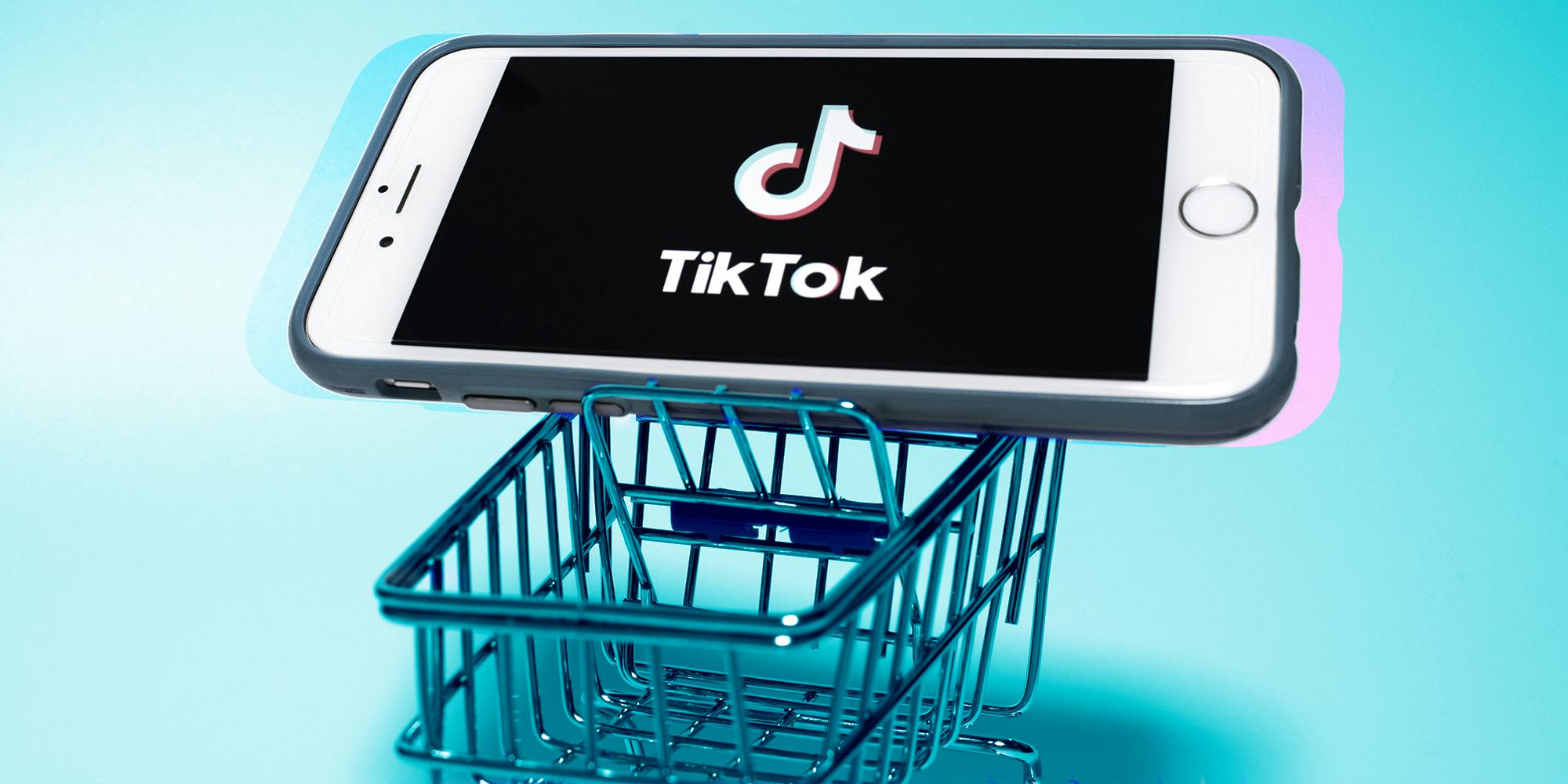 TikTok brand Logo on iPhone in miniature shopping cart