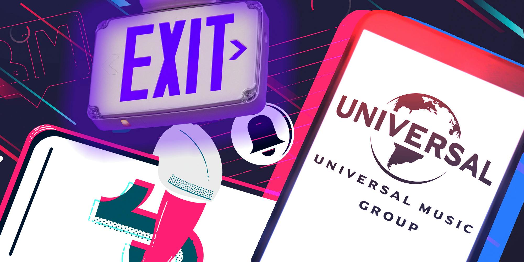 Exit sign above person talking phone with tiktok away from phone with universal music group logo