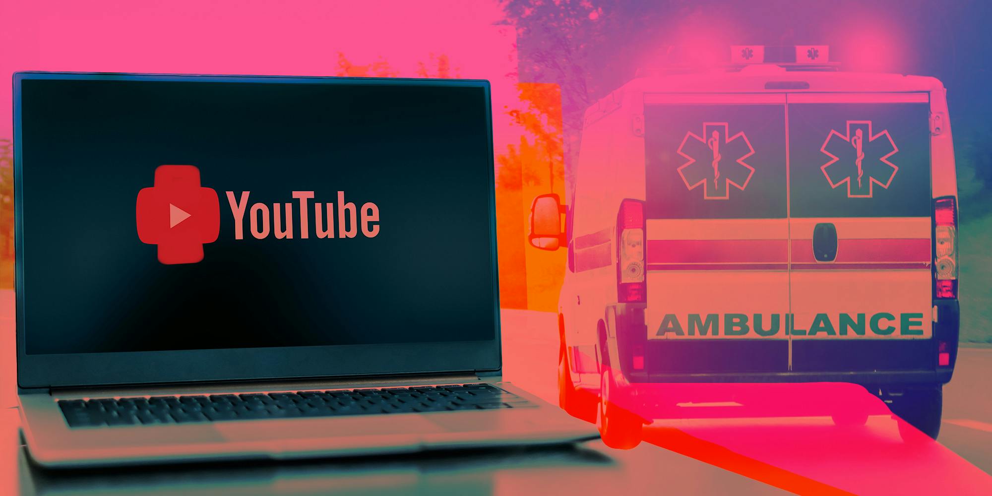 Computer with youtube superimposed over ambulance on road