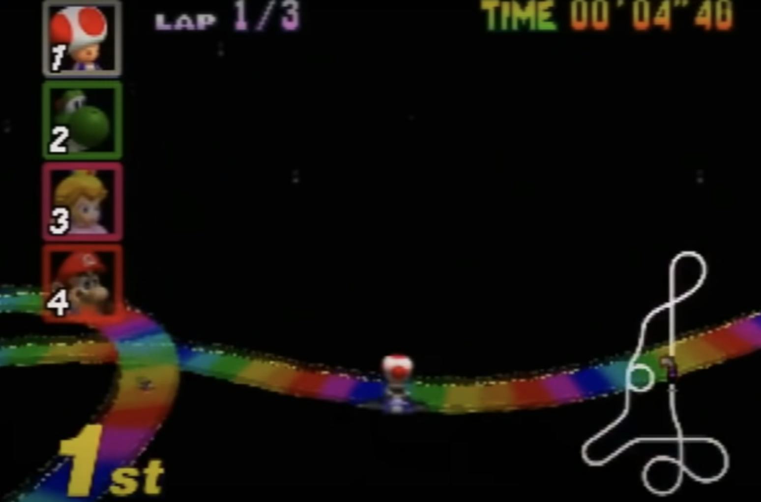 Screenshot of a speedrun of the Mario Kart track Rainbow Road, where the runner precisely positions their kart to jump past half of the track.