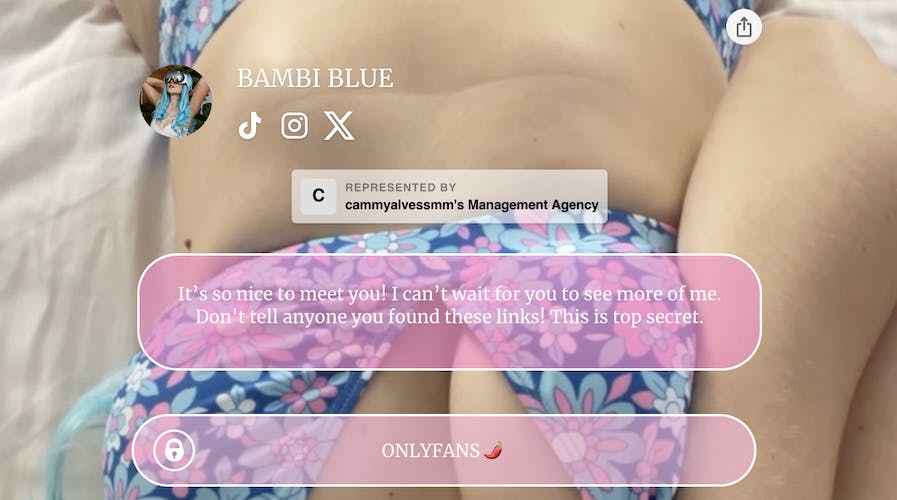 a top anonymous onlyfans star, BambiBlueHair's beacons page, featuring her laying back on a bed with buttons to her links over the photo
