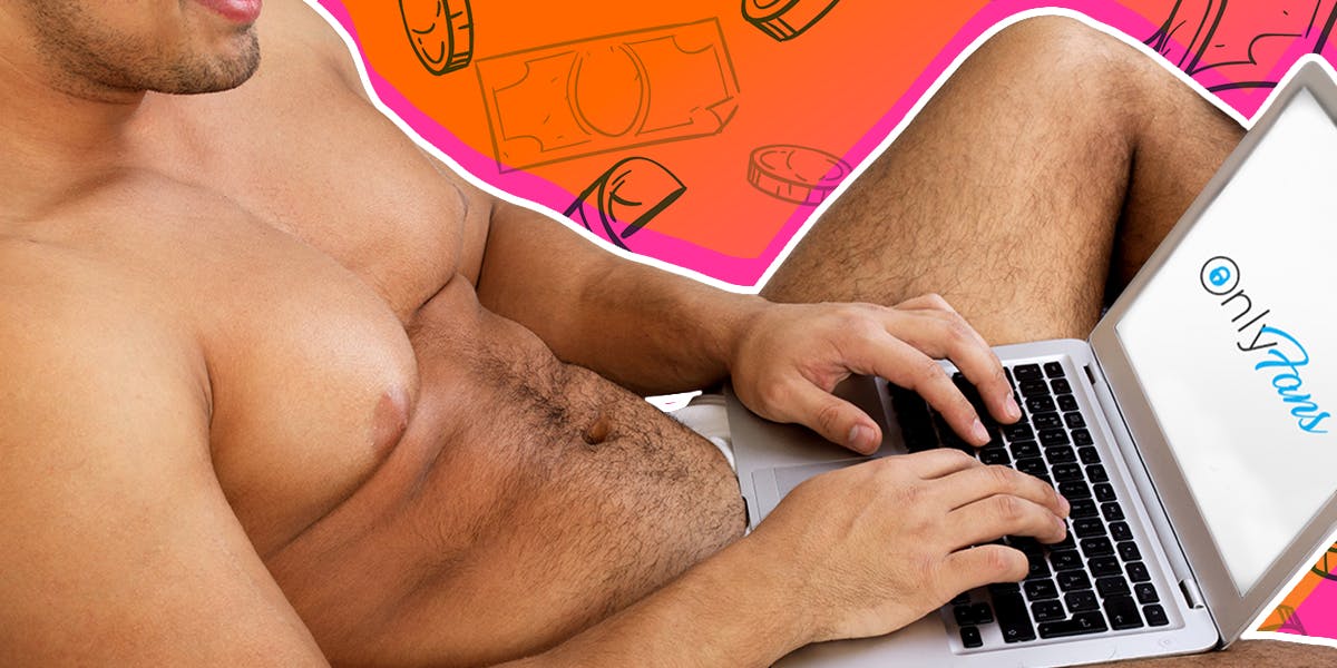 A shirtless man with a laptop on his lap featuring the OnlyFans logo