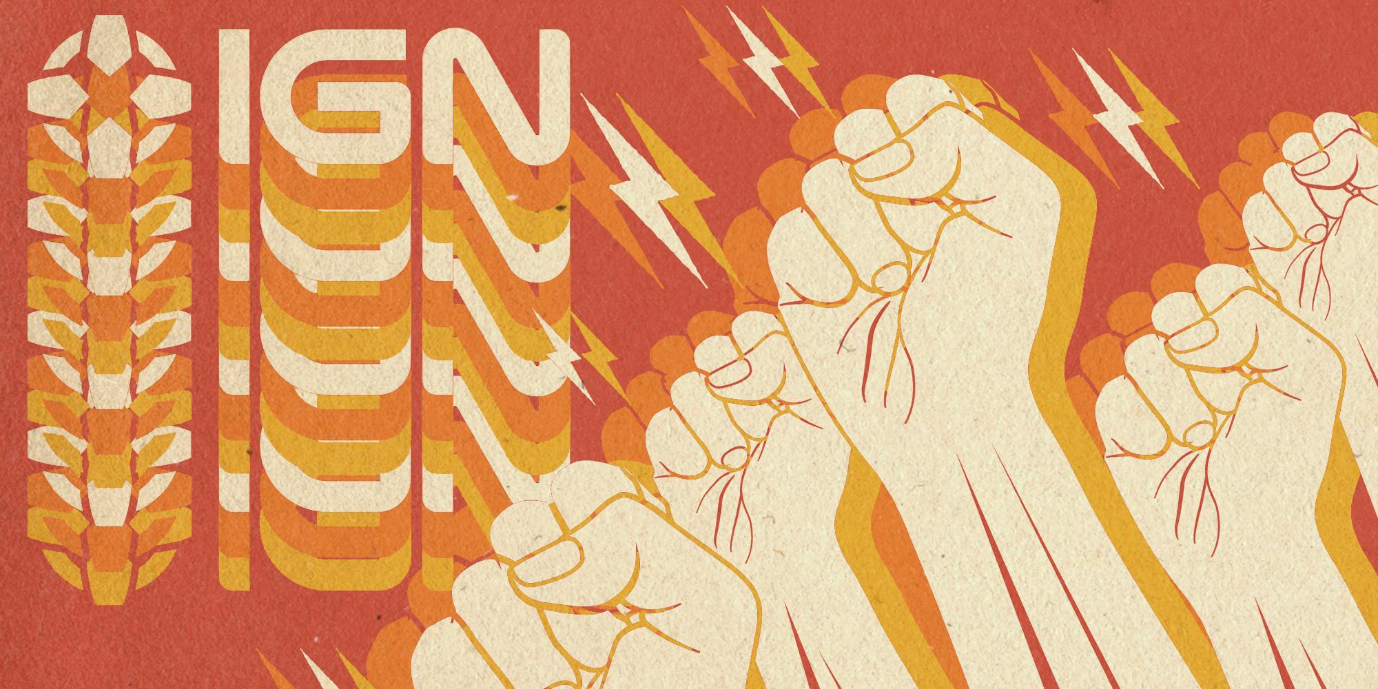 IGN logo with fists raised ign creators guild union unionization
