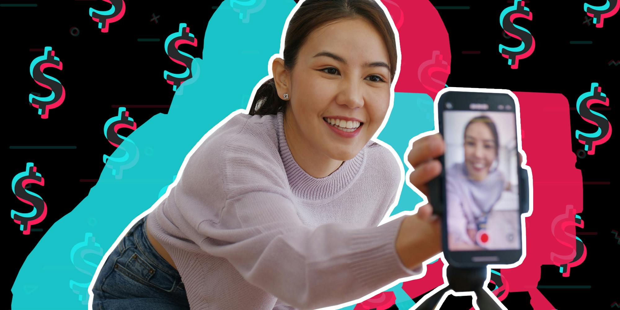 how to monetize tiktok - a woman setting up her phone to record a tiktok