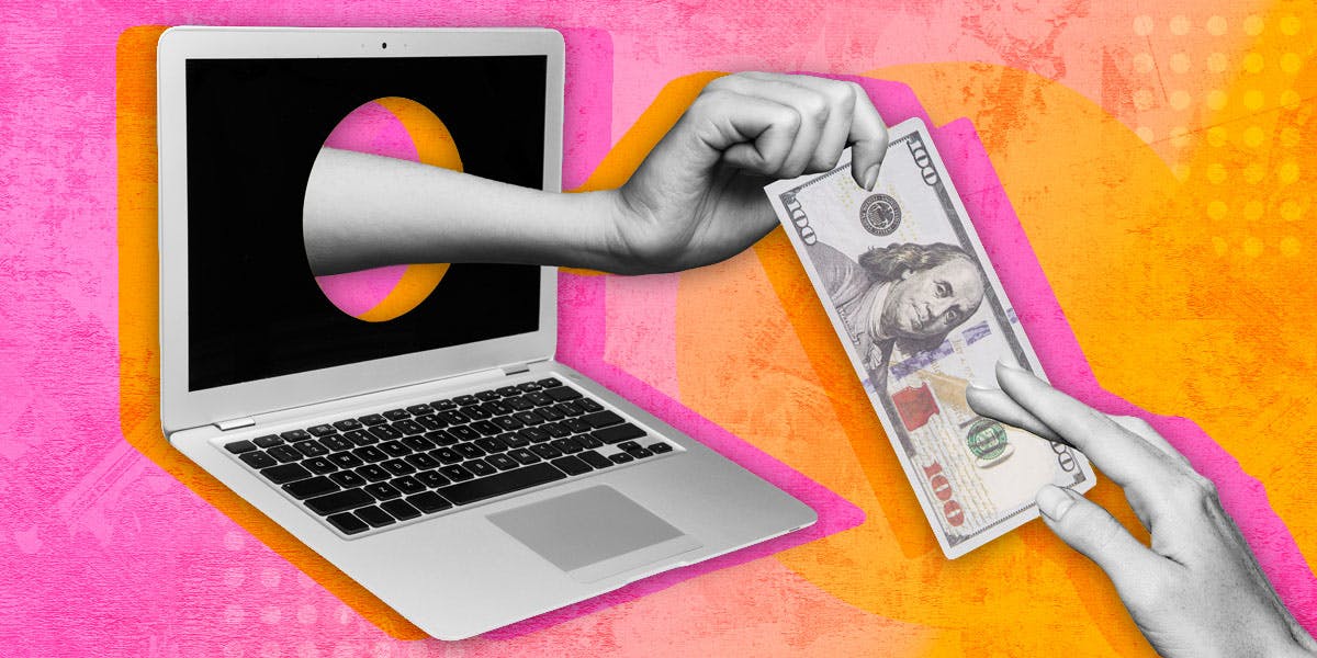 how to get brand deals - a hand reaching out of a computer handing someone money as a symbol of money from a brand deal
