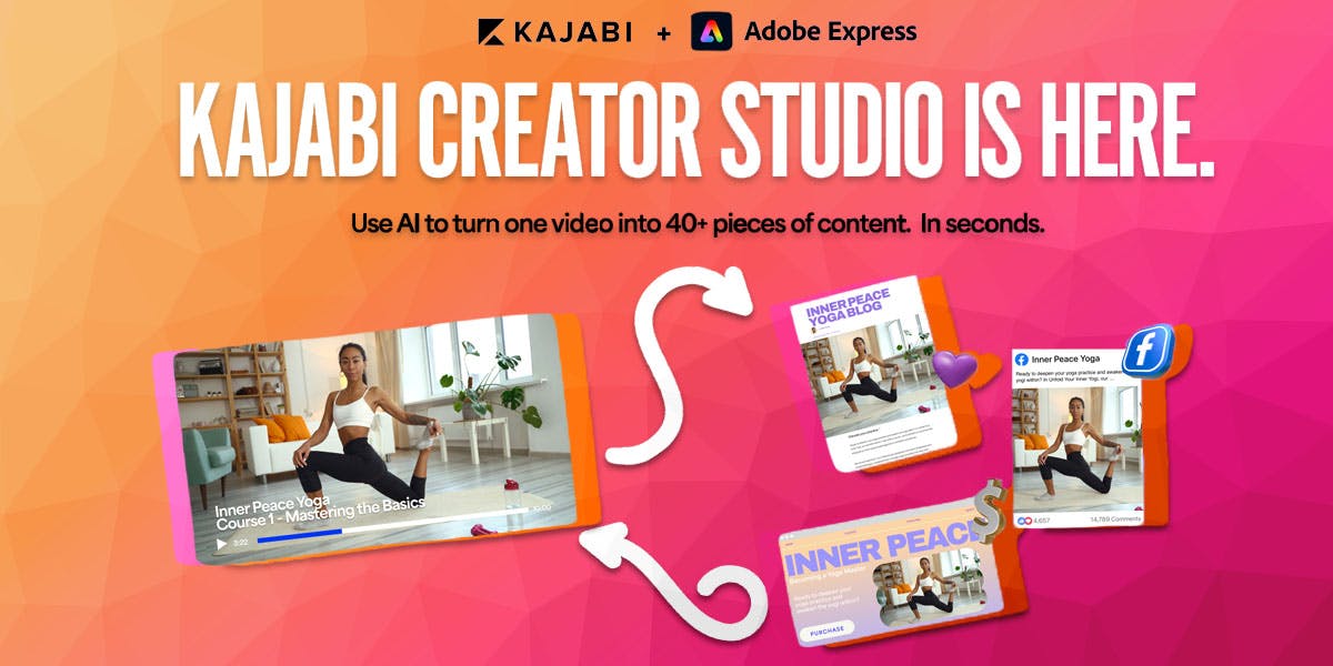 text reading kajabi creator studio is here, showing the creator studio tool