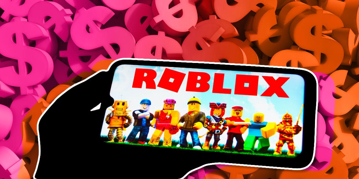 hand holding phone with roblox on screen with creator fund imagery in background
