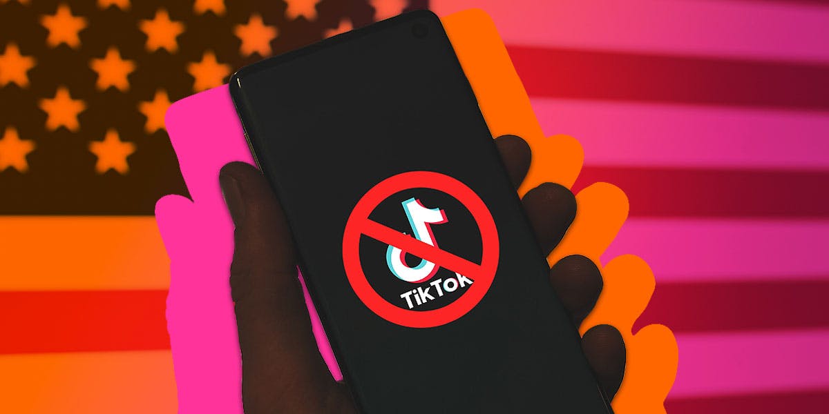 tiktok ban on phone with american flag in the background