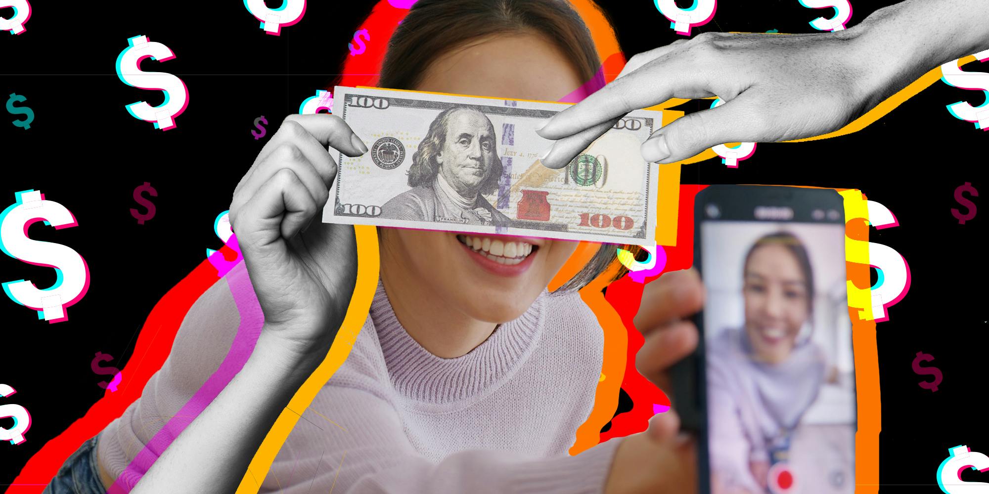 Hands passing $100 in front of girl recording on her phone with tiktok creator rewards