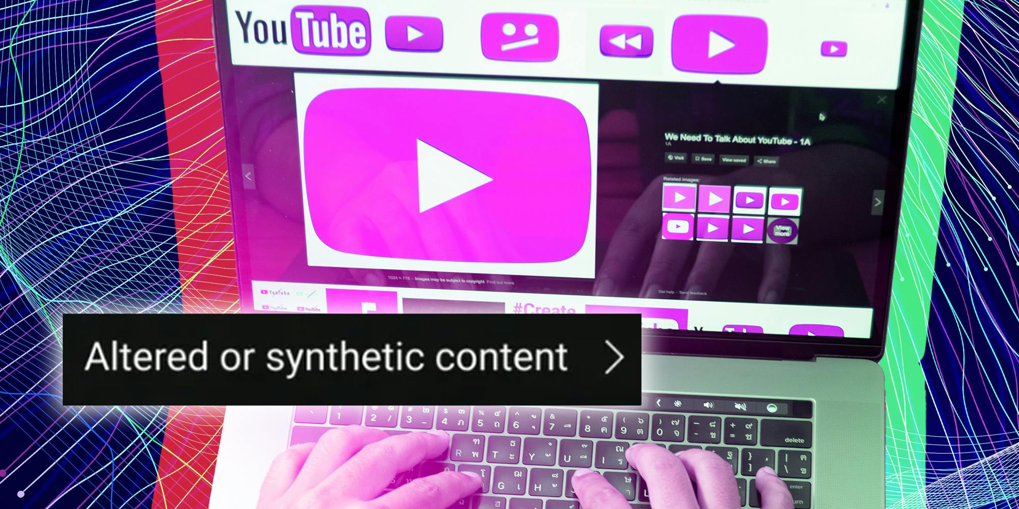 Hands typing on computer with youtube ai labels on screen