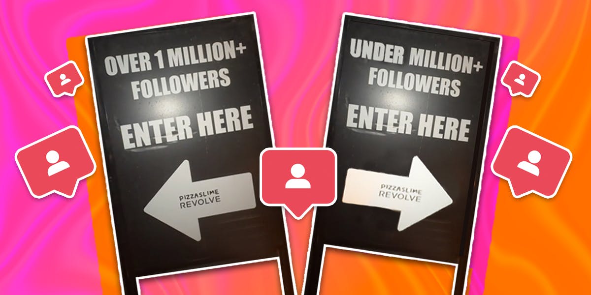 two signs for over and under 1million+ followers with arrows including pizzaslime and revolve logos, with follower emojis on an orange and pink background