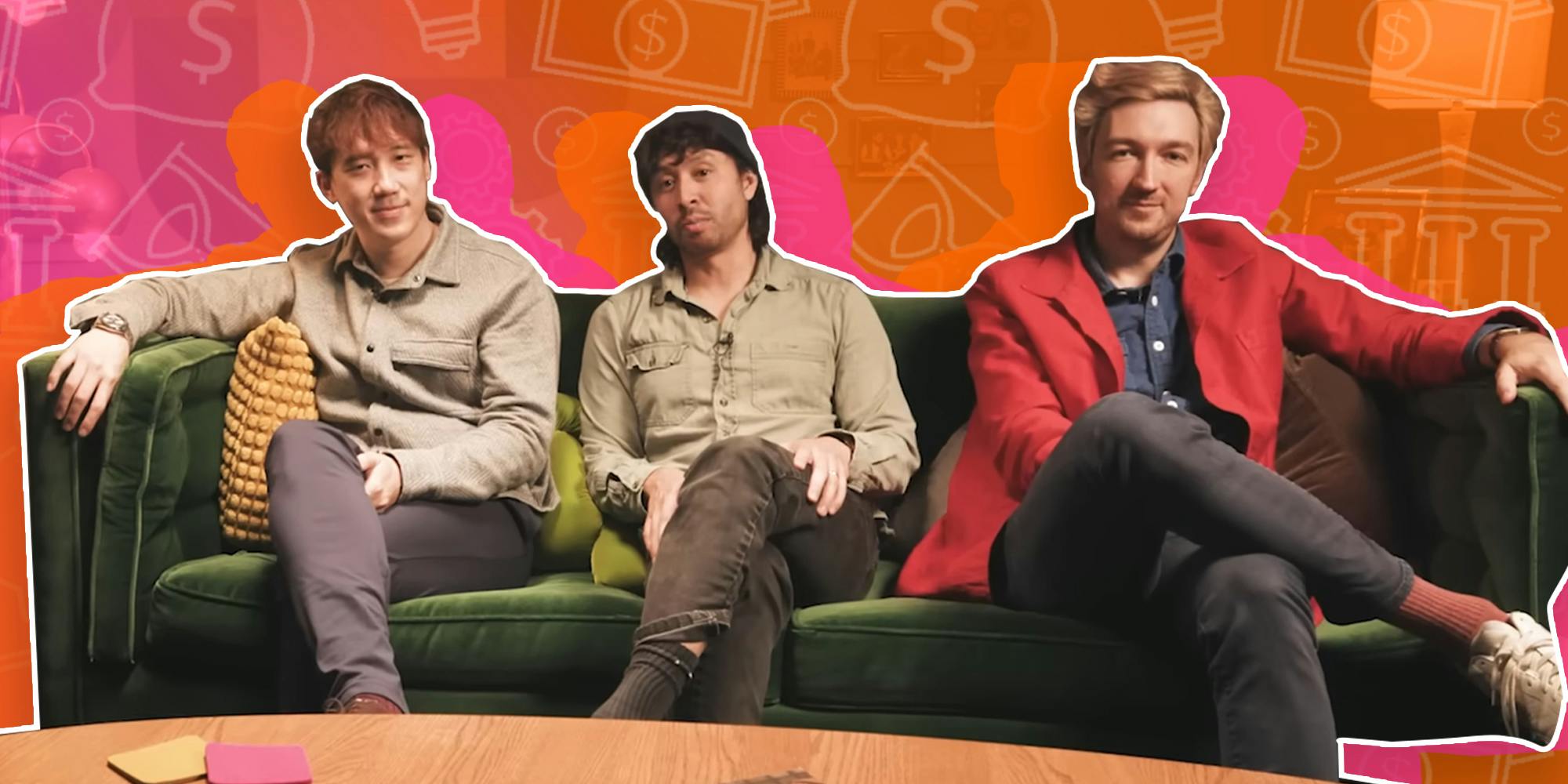 The three YouTubers of the Watcher channel sitting on a couch with money logos in the background