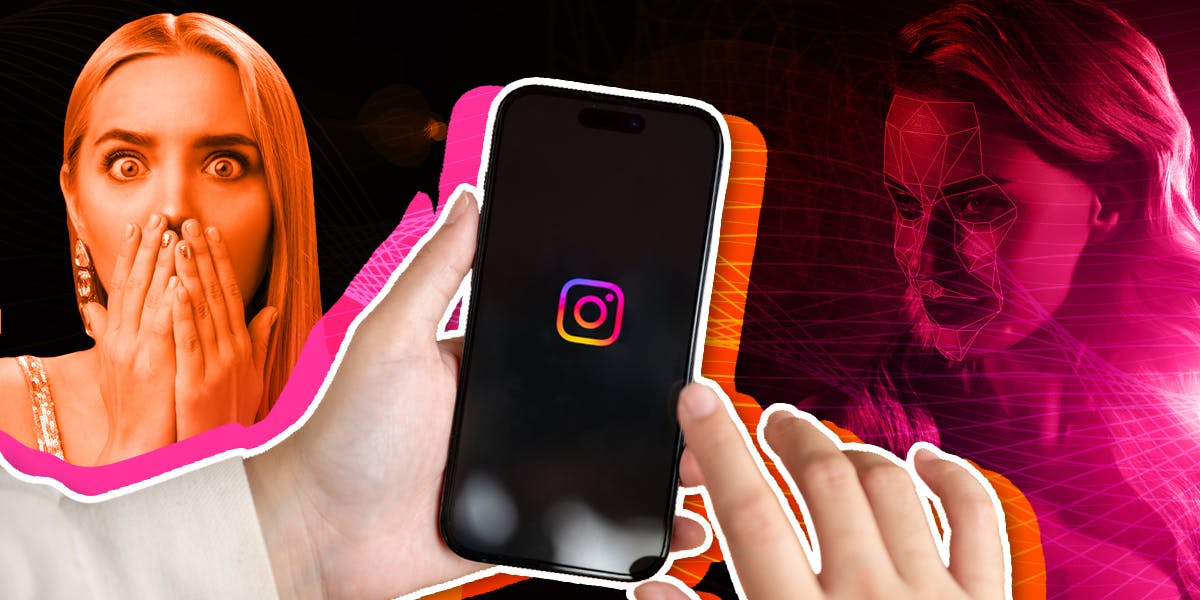 a woman looking shocked alongside a smartphone showing Instagram on a pink and orange background and meta ai creators