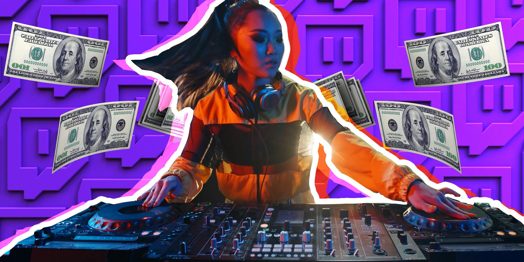 DJ spinning with money flying behind her and a background of twitch logos