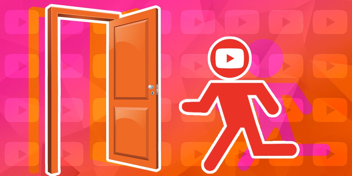 image shows a figure of a creator with a YouTube symbol on his head leaving towards an open door with YouTube play symbols checkered on the background