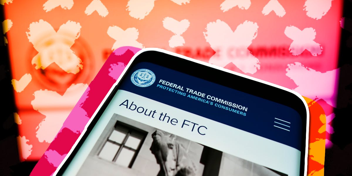 phone screen showing an about the ftc website page with ban marks overlaying a non compete form for creators 