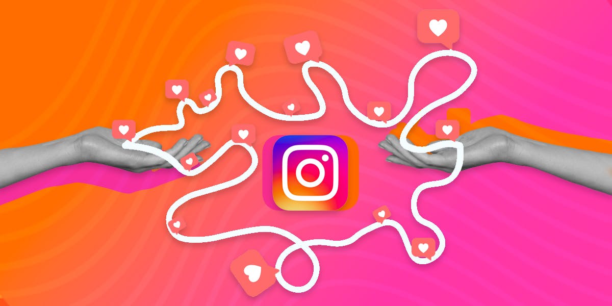 A white squiggle surrounding the Instagram logo, connected by grey two arms.