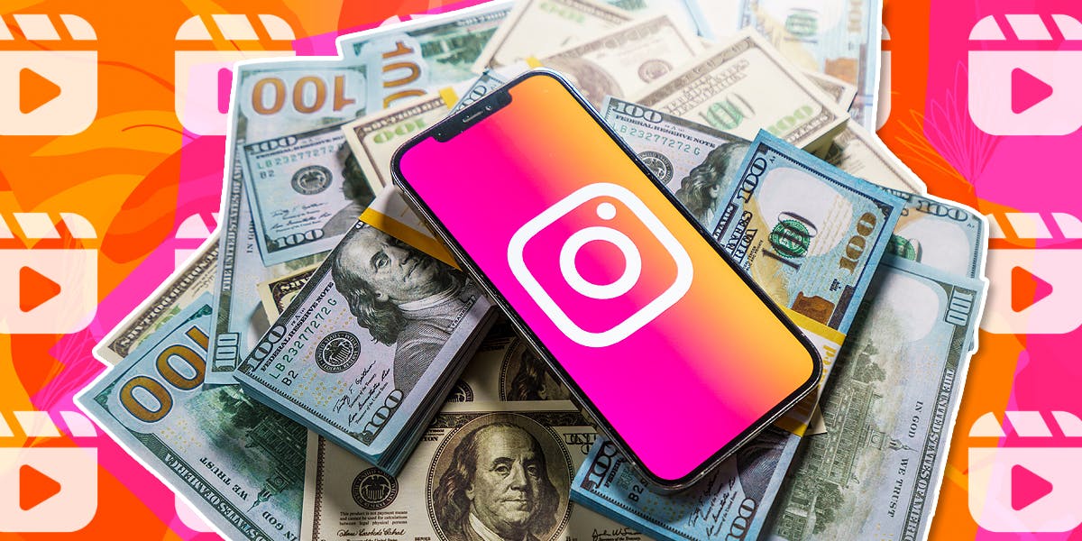 instagram logo on phone next to pile of money from bonuses