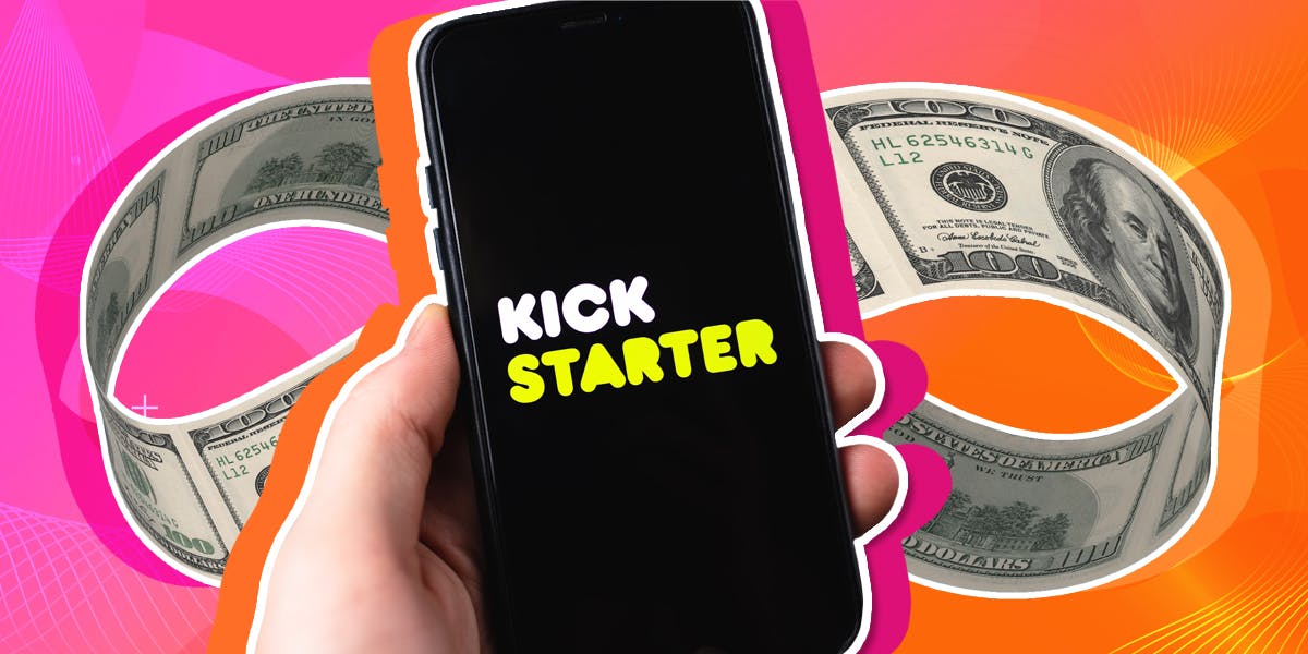 a hand holding a smartphone with the Kickstarter logo on it with dollar bills on a pink and orange background to represent late pledges