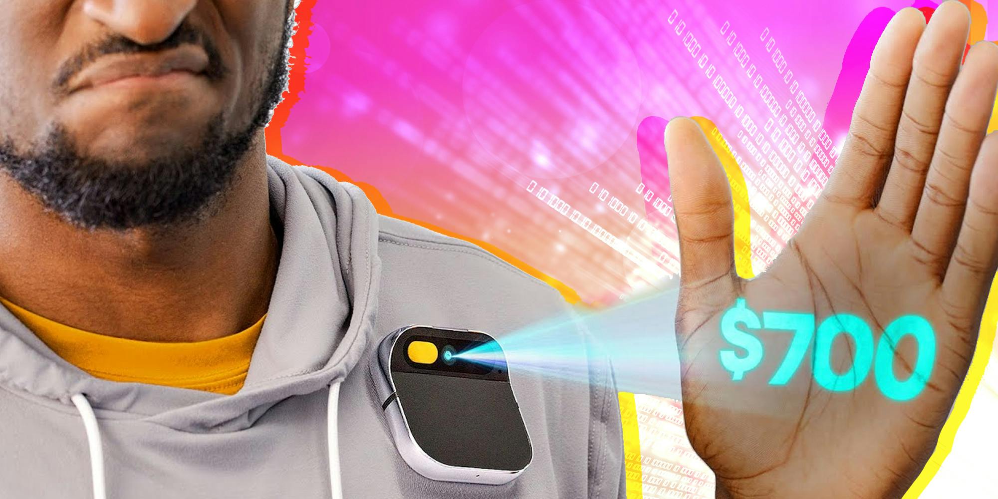 half face of marques brownlee with humane ai pin holding out his hand to a projection of $700 with abstract background