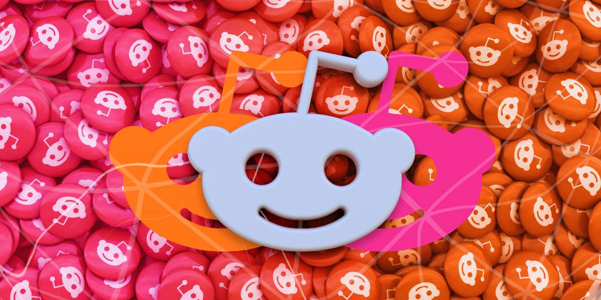 The Reddit logo surrounded by pink and orange discs with the Reddit logo on it.