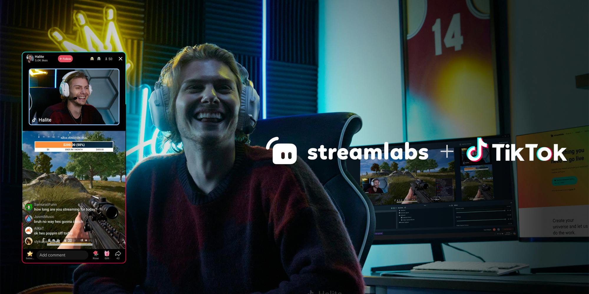 streamlabs logo next to tiktok logo with a person doing a live stream playing videos