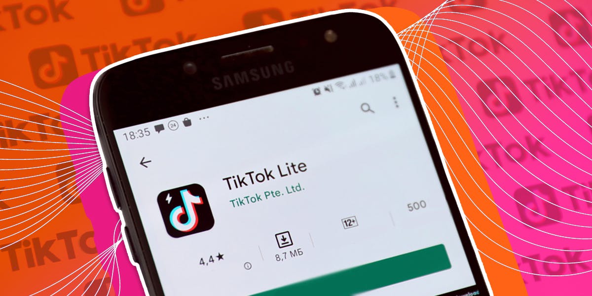 tiktok lite app on phone with tiktok logos in the background 