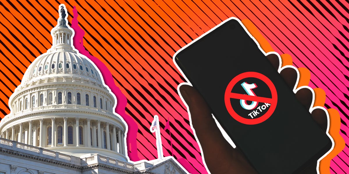 A silhouette holding a smartphone with the TikTok logo crossed out. Next to the phone is a picture of Washington DC senate congress building with pink, orange, and black stripes.