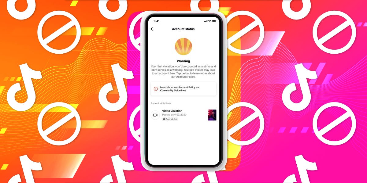 A smartphone displaying a TikTok account warning for shadowbanning with logos of TikTok and the 'cancel' sign in the background, which is orange and pink.
