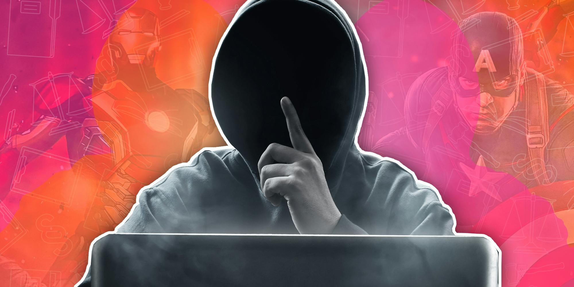 anonymous creator in hoodie with marvel imagery in the background