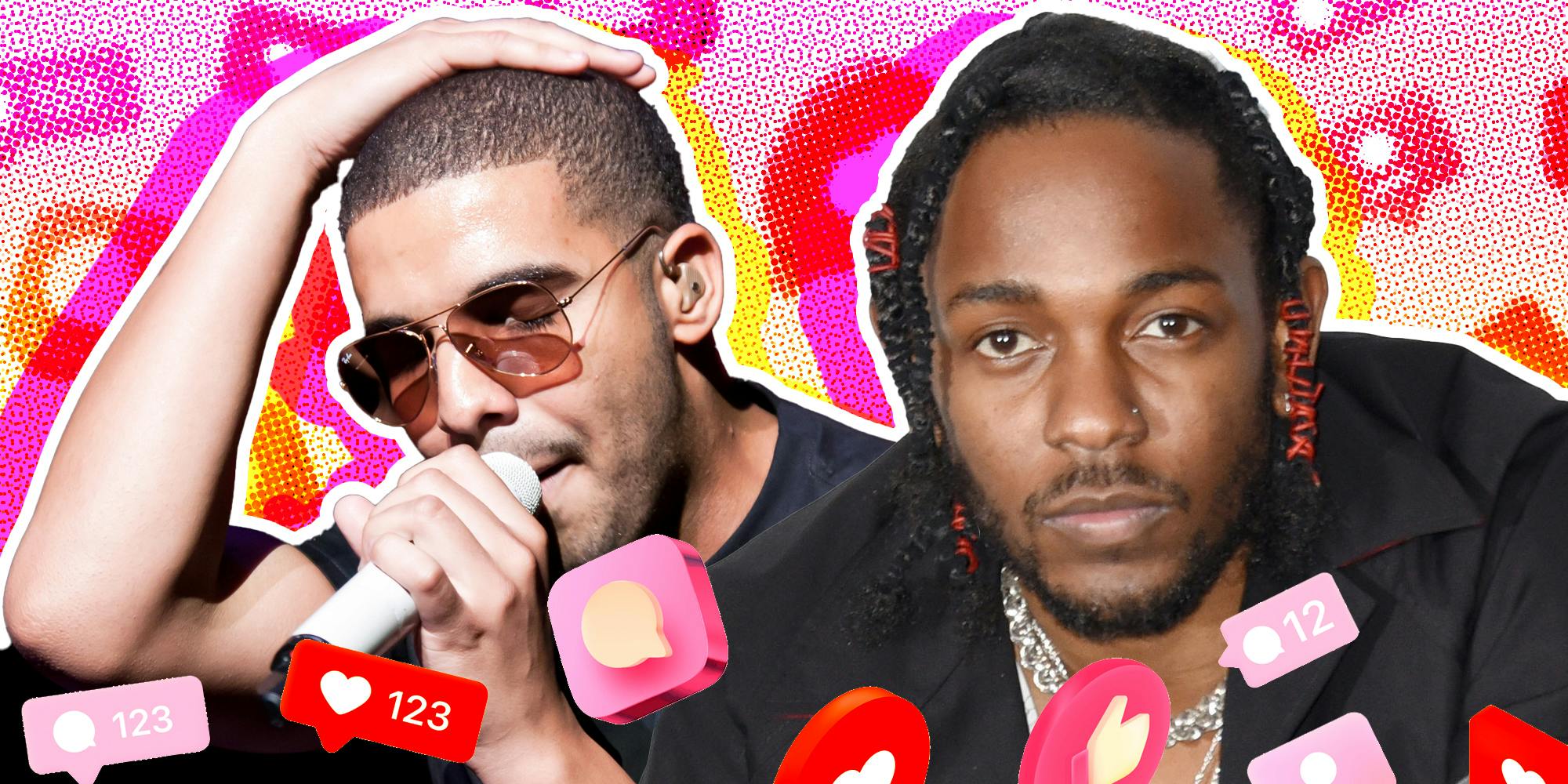 Drake and Kendrick Lamar with social media graphics around them
