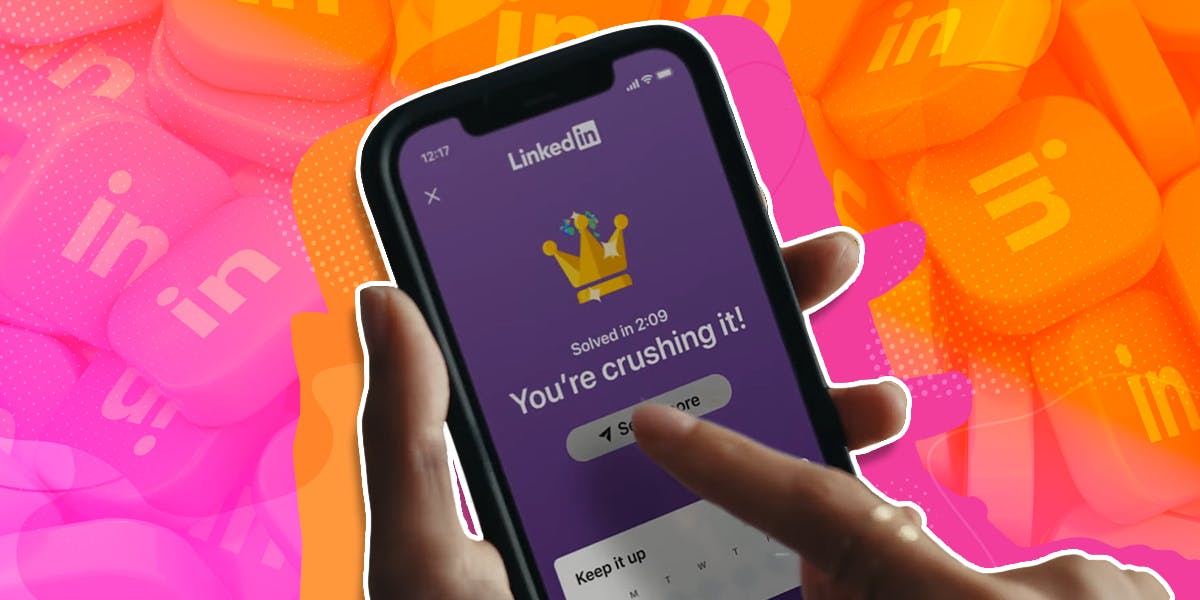 linkedin games on phone in creators hand with linkedin logos in background