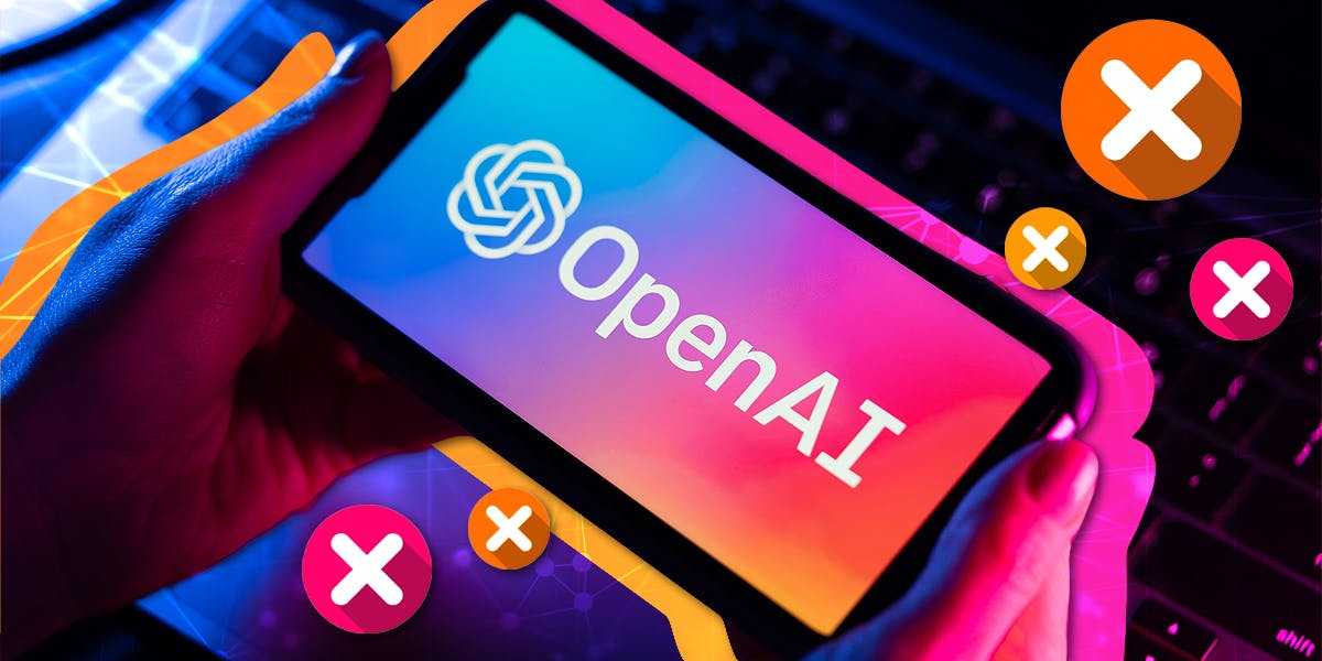 hands holding a smartphone with the OpenAI logo on it. Cancel signs to indicate media manager opt outs surround the phone in pink and orange.