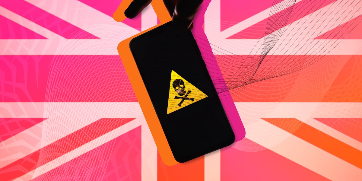 a smart phone with a skull and cross bones on the screen with a union jack background