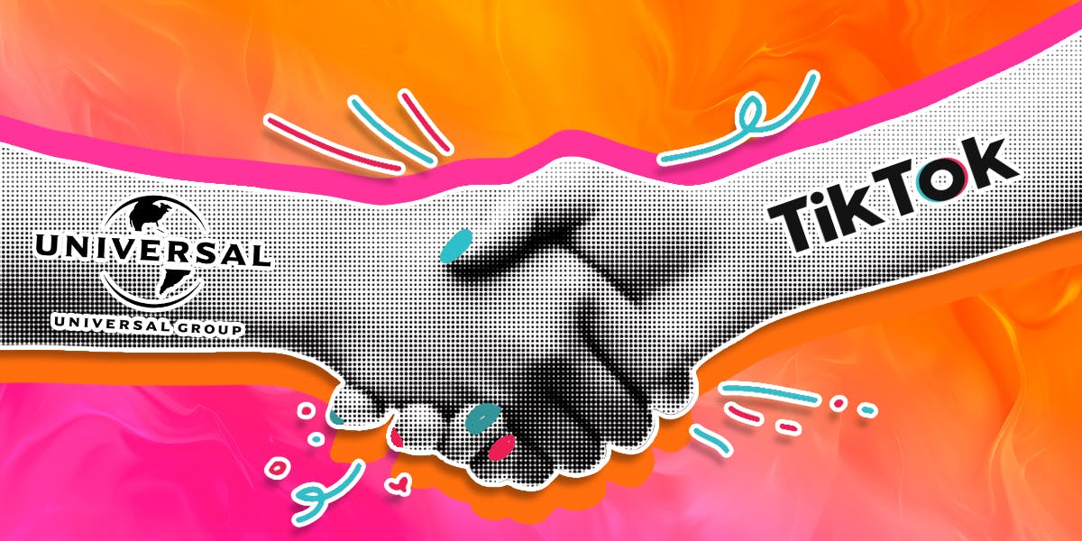 A black and white handshake to represent a deal. The hands have the UMG and TikTok logos